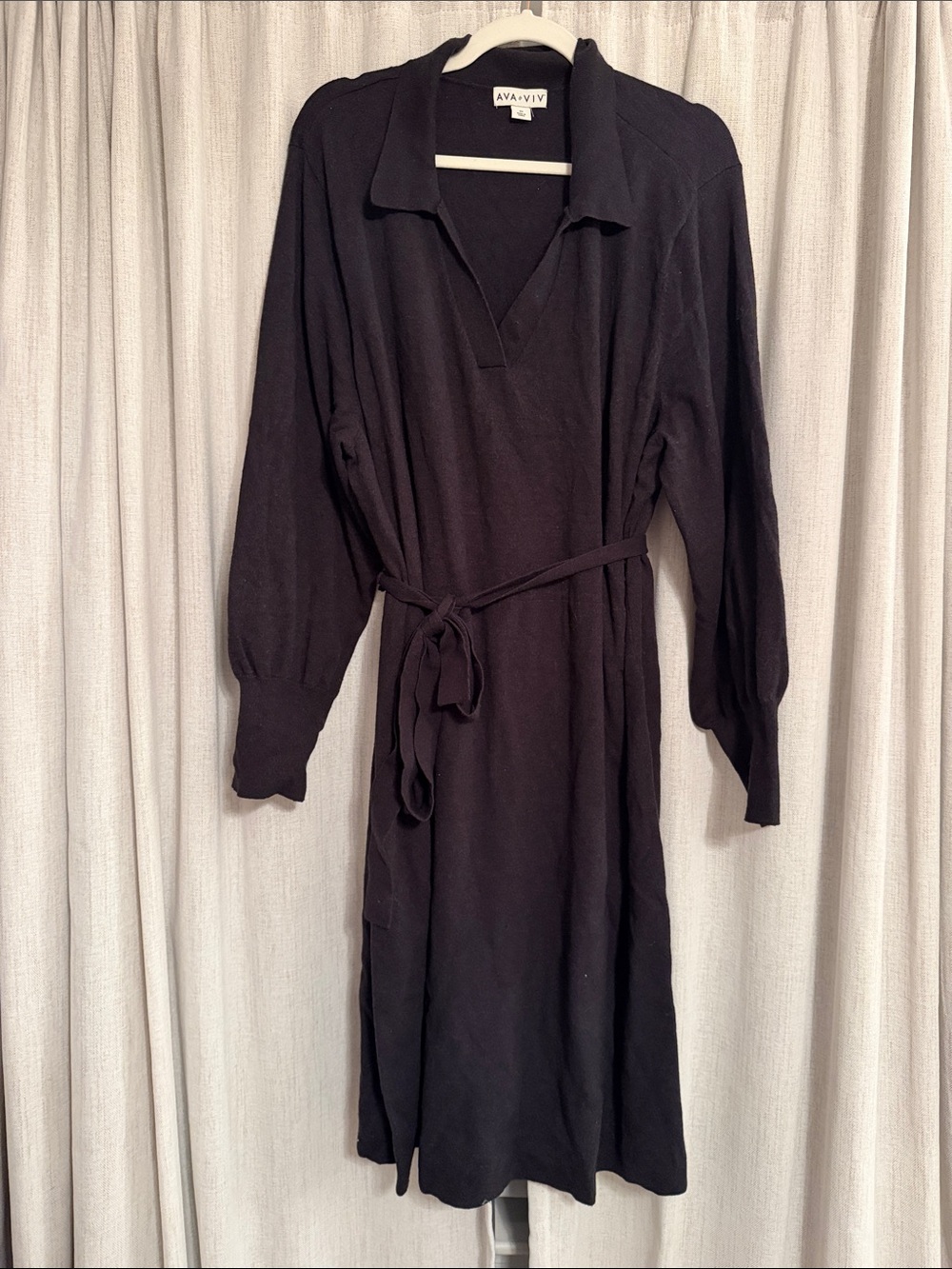 Ava & Viv Dark Grey Knit Collared Midi Dress with Waist Tie